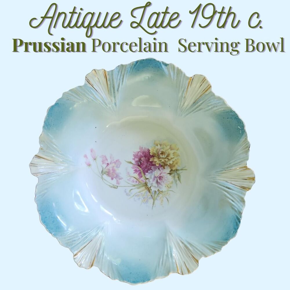 Prussia Porcelain Serving Bowl 1800s | French Blue Gold Gilt Floral Bowl